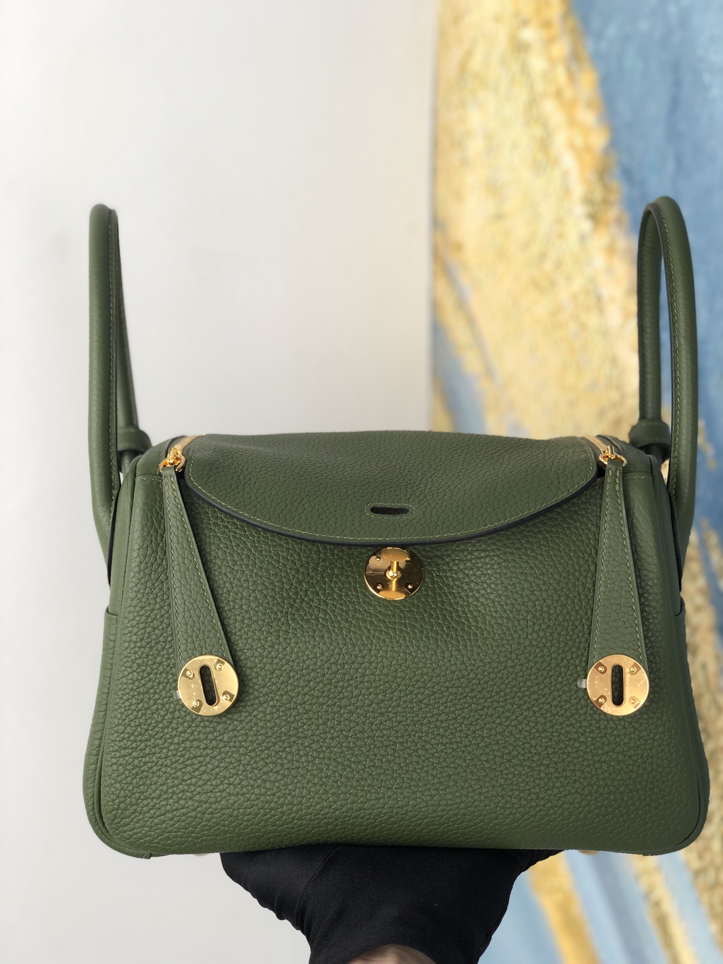 에르메스 린디백26 그린 금장 끌레망스 가죽